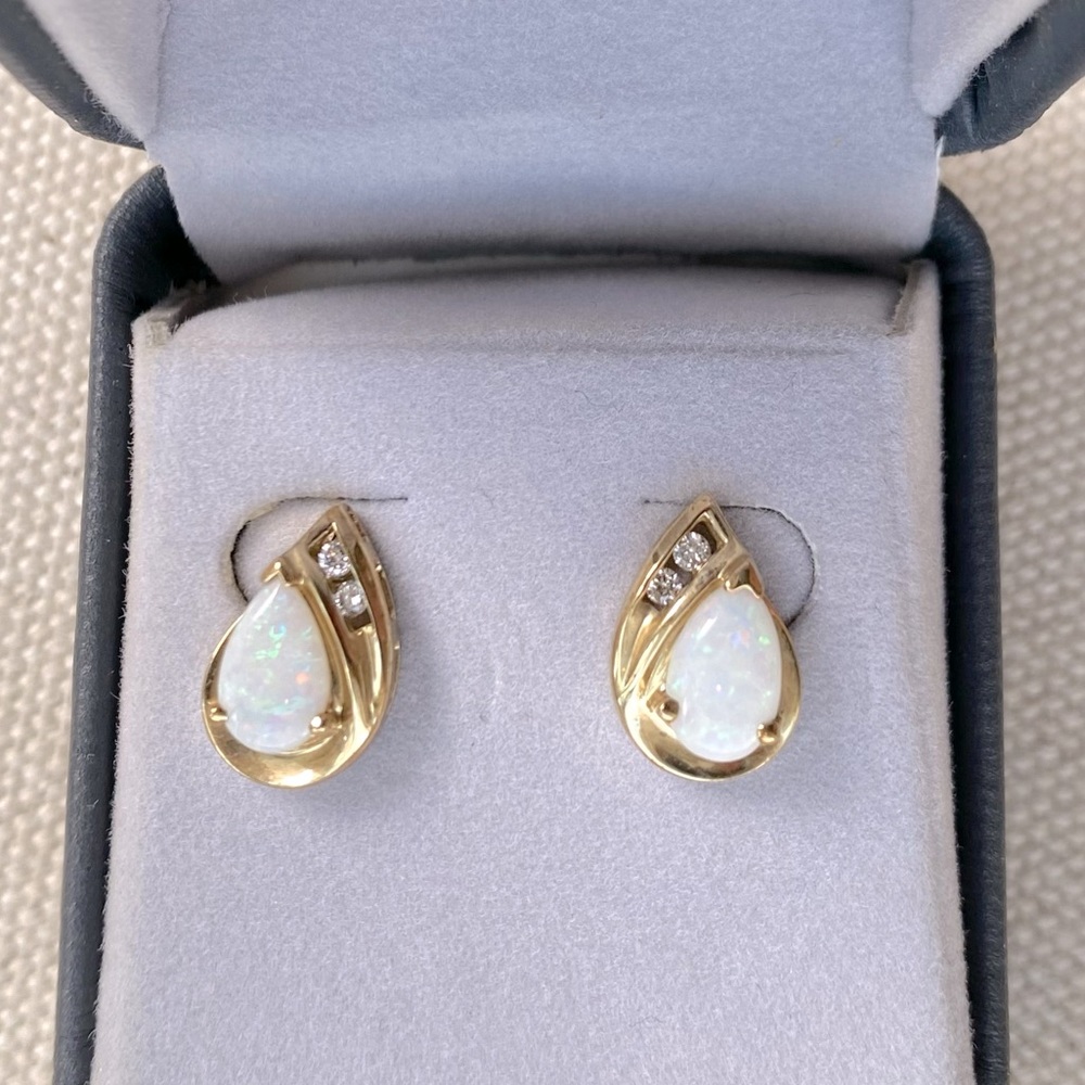 Gold Opal Teardrop Post Earrings Encrusted with Diamonds